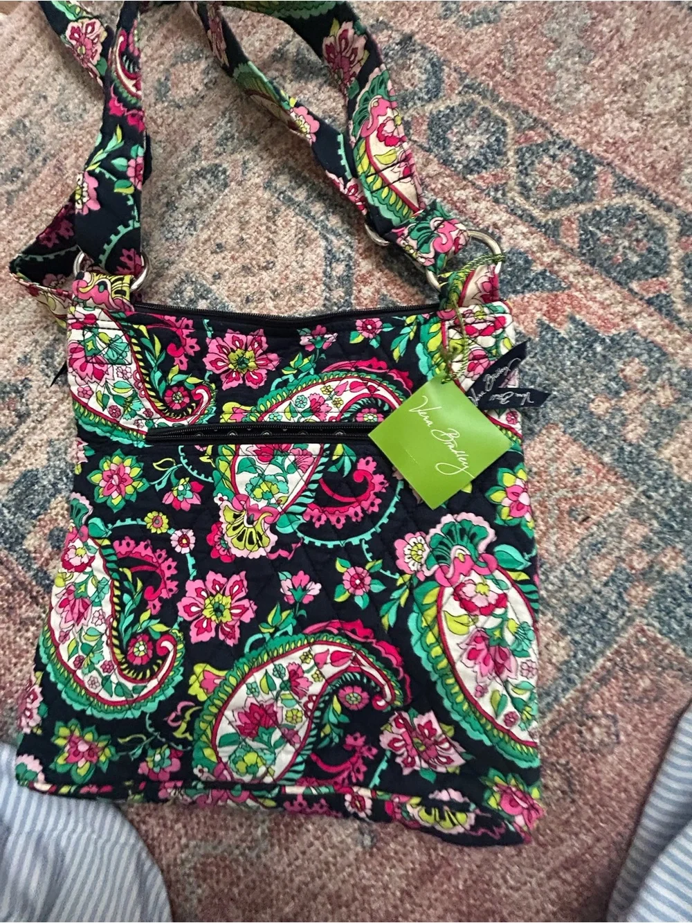 Vera Bradley Navy Tote with Pink and Green Floral Geometric Print